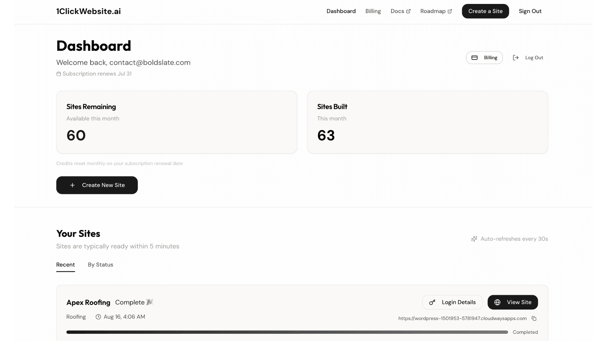 1ClickWebsite.ai Demo - Create WordPress Sites in Minutes
