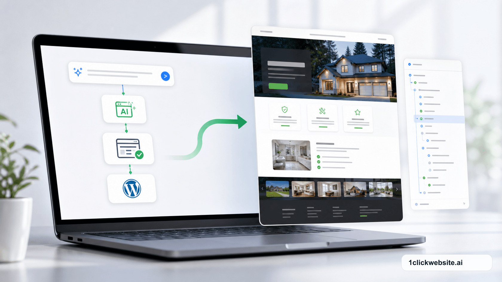 AI website creation workflow showing a WordPress site generated from an AI prompt with a 1clickwebsite.ai watermark