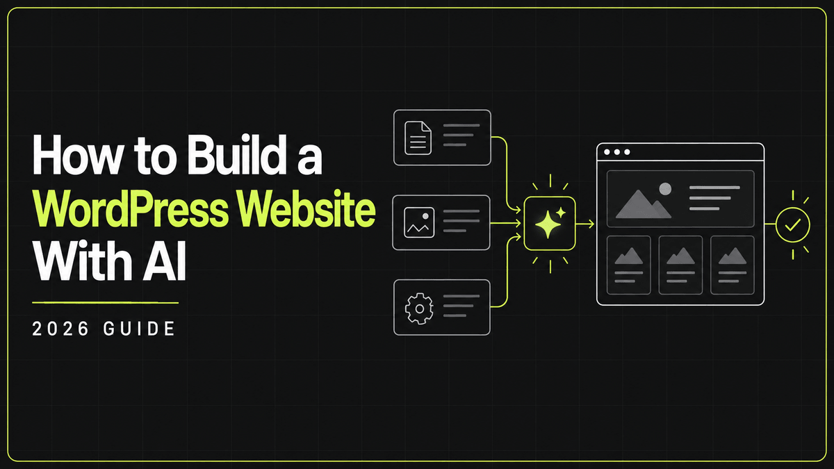 How to build a WordPress website with AI in 2026 workflow graphic